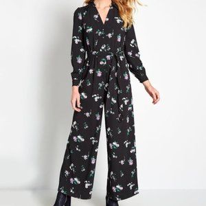 Modcloth Black Floral Everything & More Wide-Leg Jumpsuit